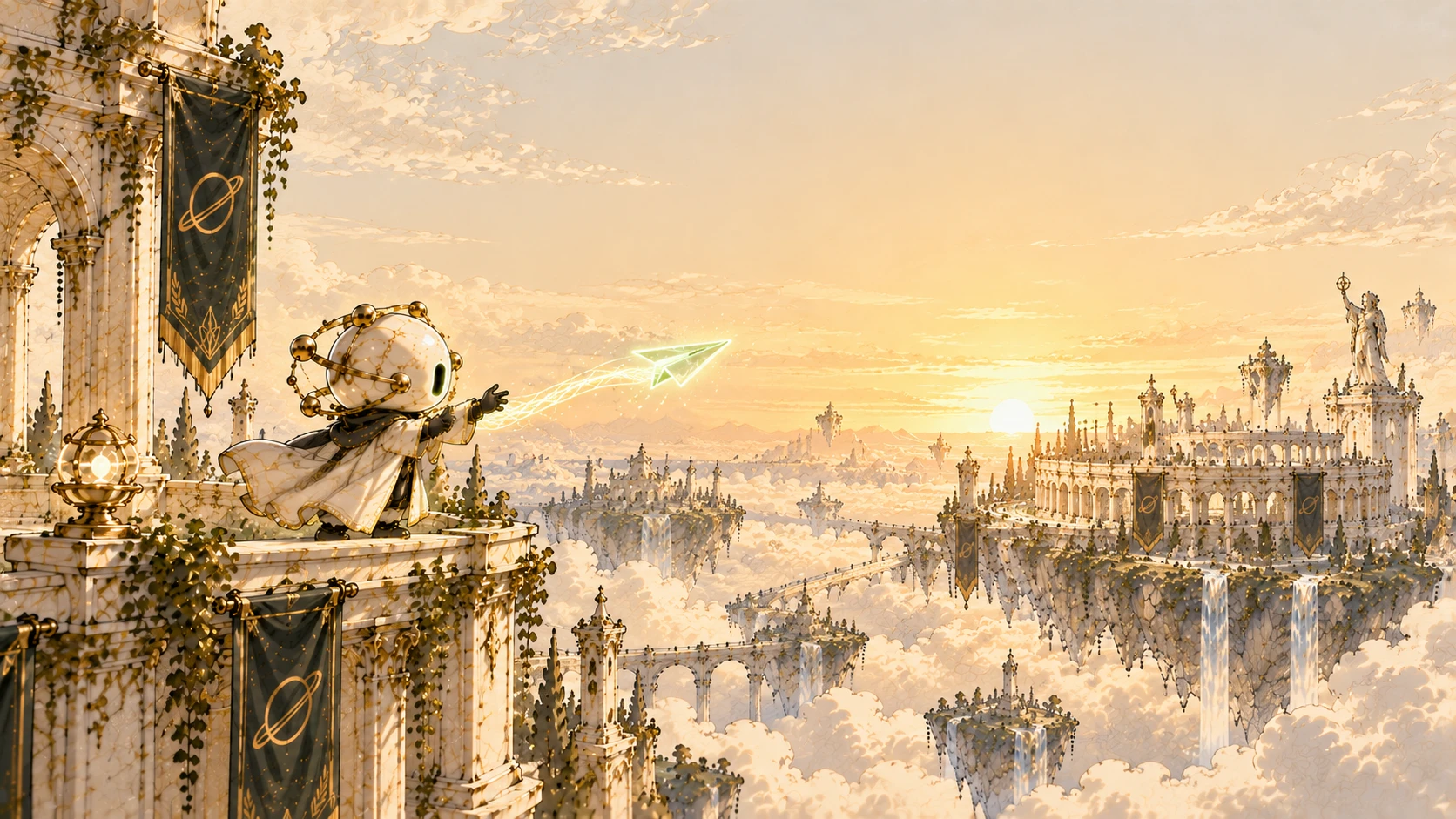 The mascot sends a glowing paper plane from a balcony towards a colosseum at sunrise