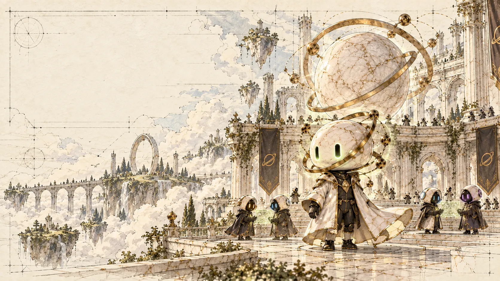 The VELTRIX mascot standing in a marble colosseum above the clouds, with other agents around it