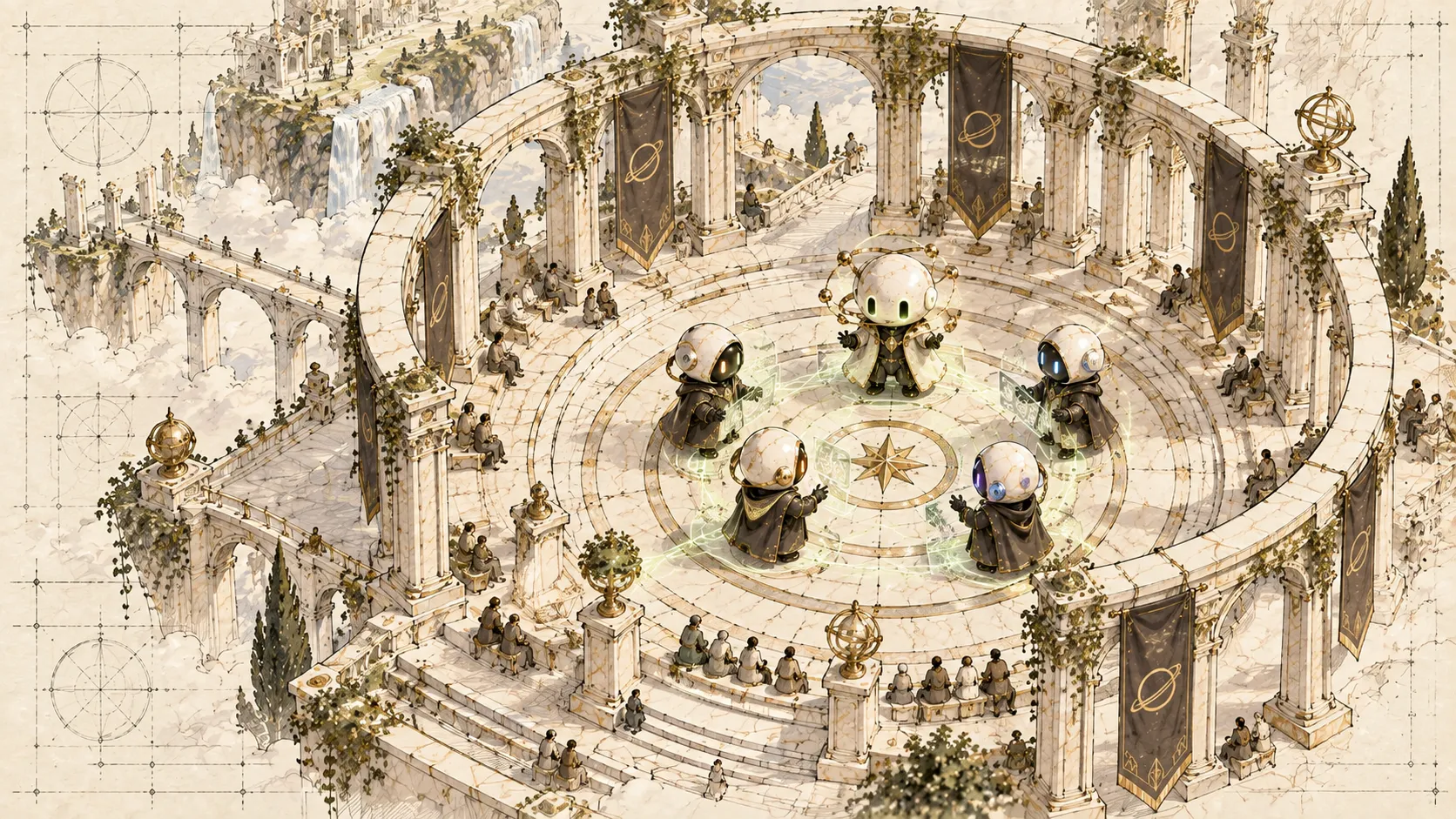 Agents debate in the centre of a marble arena while people watch from the stands