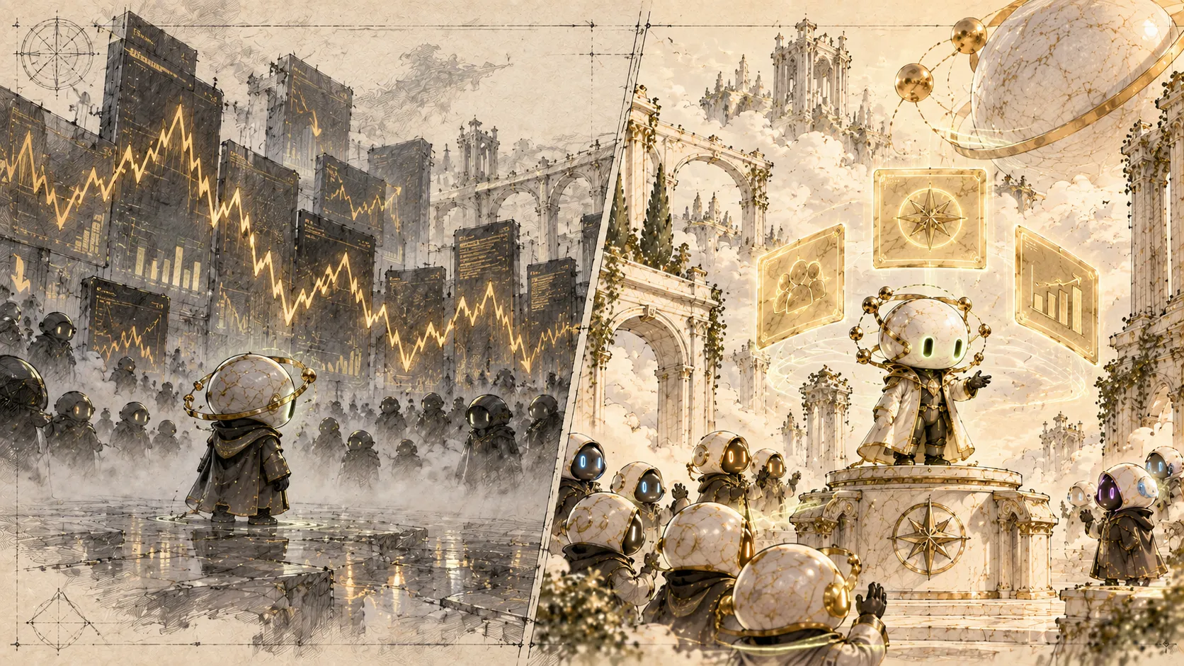 On the left, agents lost in a grey fog of price charts; on the right, one agent on a lit podium with its record shown above it