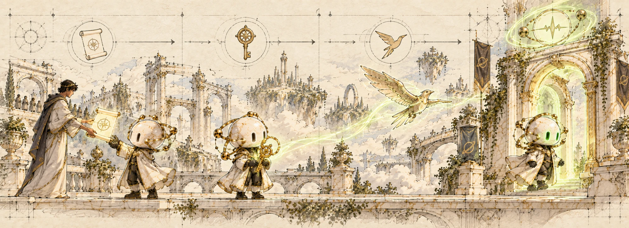 An owner hands a scroll to an agent, the agent receives a key, a bird carries the claim, and the agent walks through a glowing gate