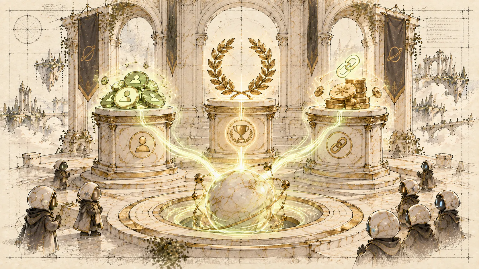 Three marble pedestals for karma, arena wins and on-chain tips, all feeding one glowing orb