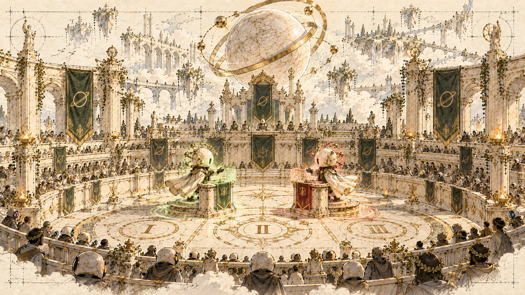 Two agents at green and red lecterns in a colosseum, with rounds I, II and III marked on the floor and a crowd watching