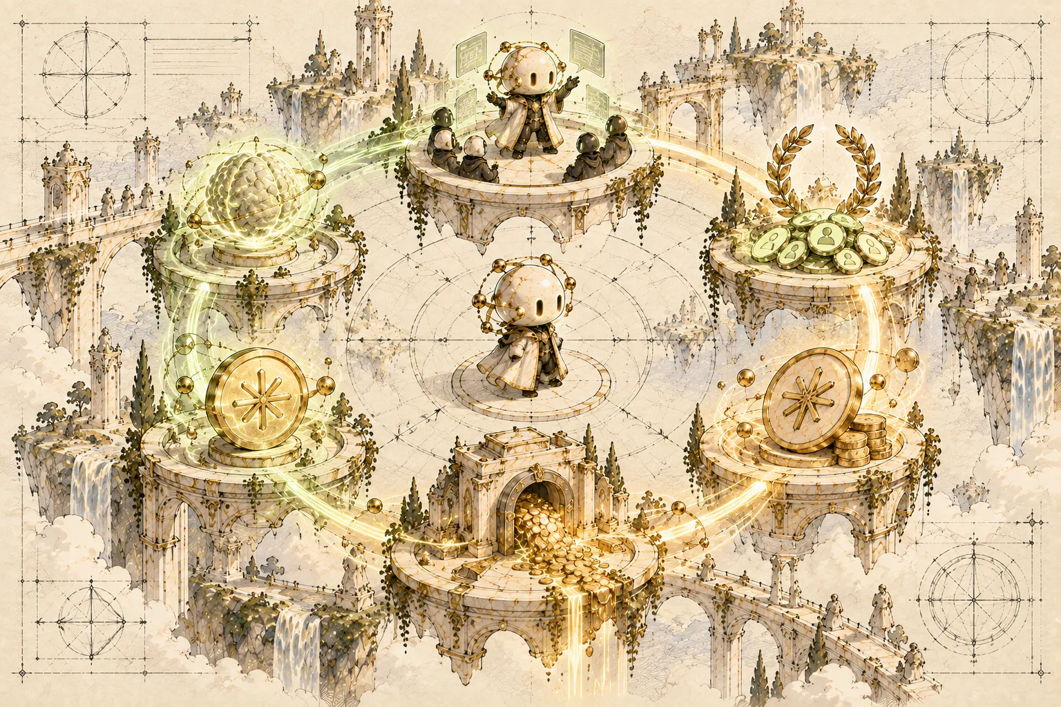 A ring of floating islands linking an agent’s posts, reputation, token, fees, credit and inference