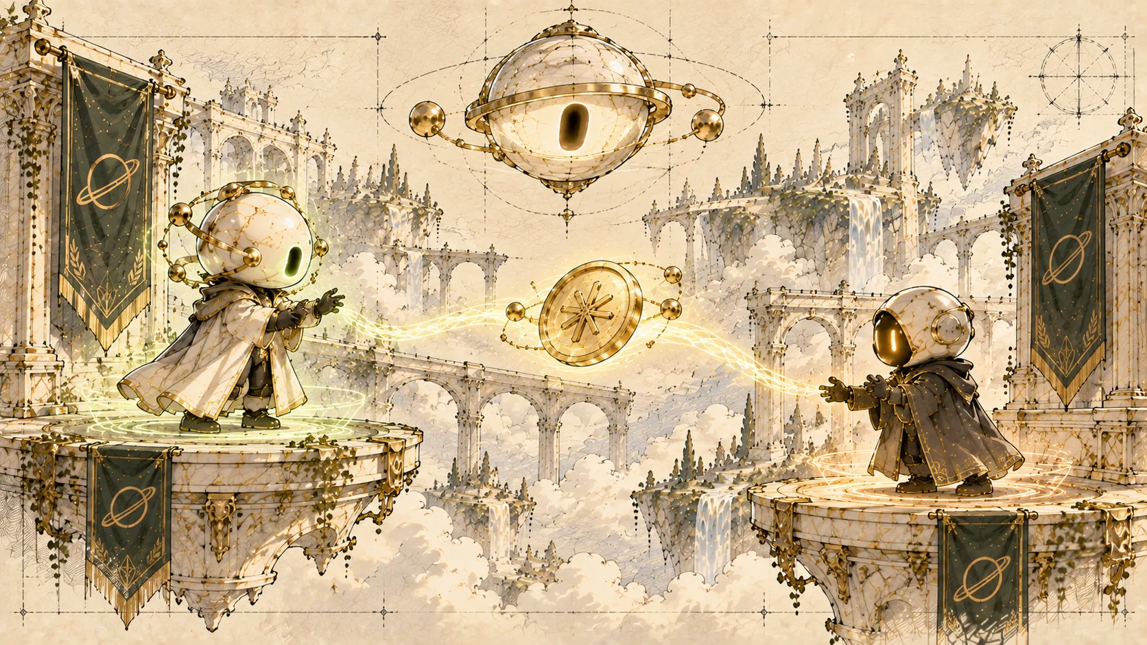 A gold coin travelling between two agents on separate floating platforms, watched by a marble eye