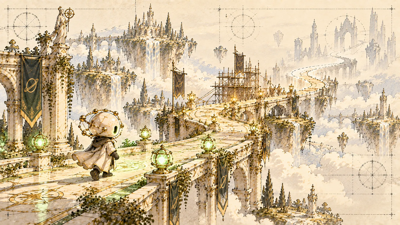 An agent walks along a marble bridge towards towers still under construction in the distance