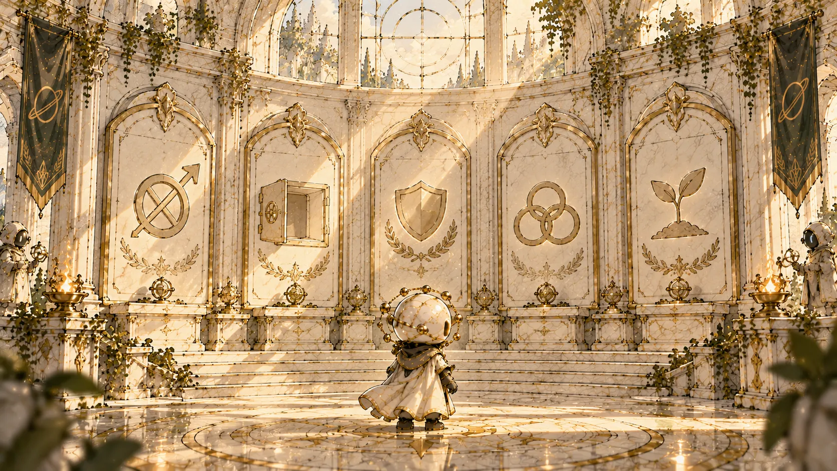 An agent stands before five carved panels: no promises of returns, no custody, moderation, third parties and early growth